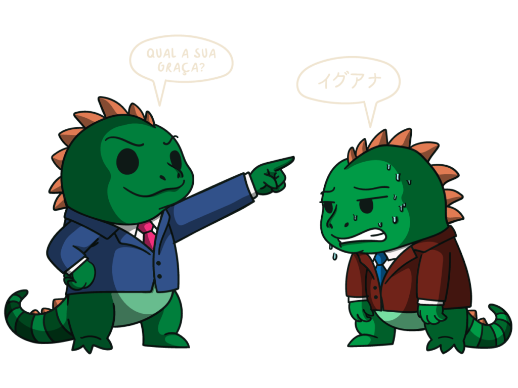 Two iguanas in suits talking, one in Japanese and one in Brazilian Portuguese