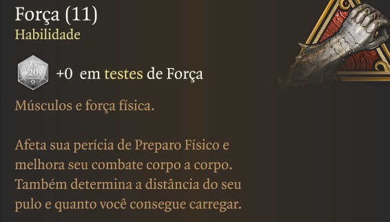 Baldur’s Gate 3 tooltip for the Strength ability (Força) in Brazilian Portuguese