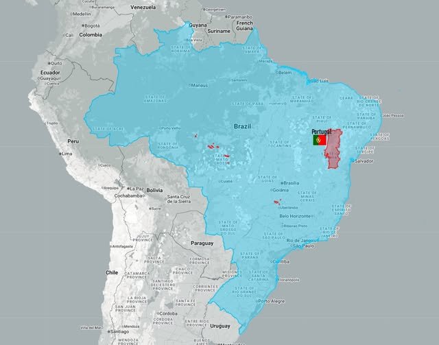 Map of South America with Portugal’s outline placed over Brazil, showing how much bigger Brazil is